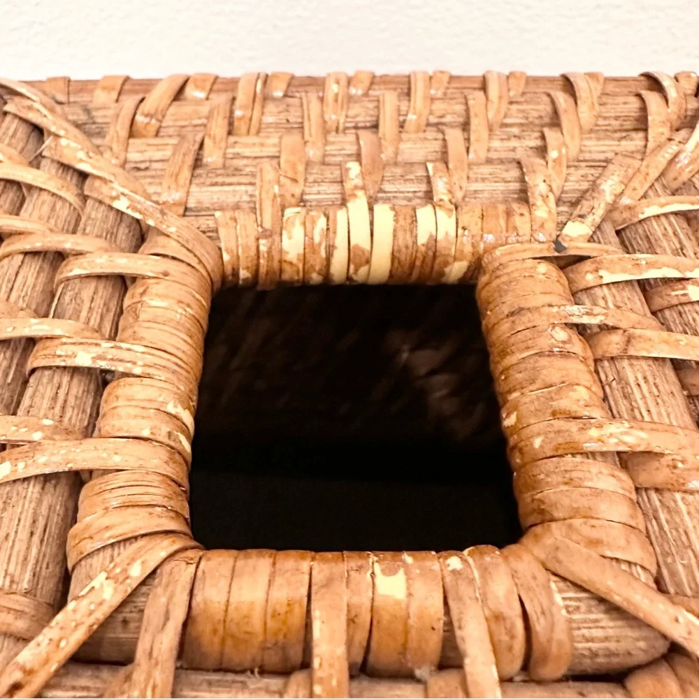 Woven Wood Square Cube Tissue Box Cover Wicker Basket Rattan Boho Medium Brown